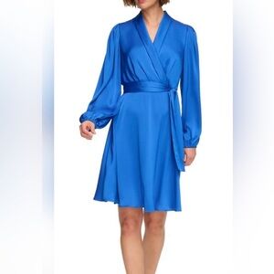 DKNY Faux Wrap Dress Size 4 Shawl Collar Tie Waist Balloon Sleeves Royal Blue